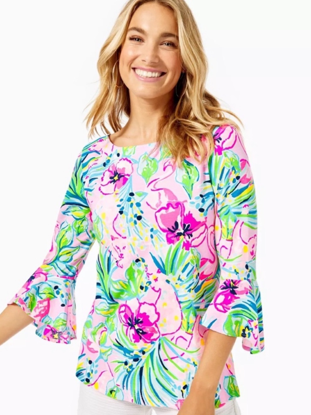 Lilly Pulitzer Fontaine Top Flowers and Friends Bell Sleeve Pink Blue Sz M